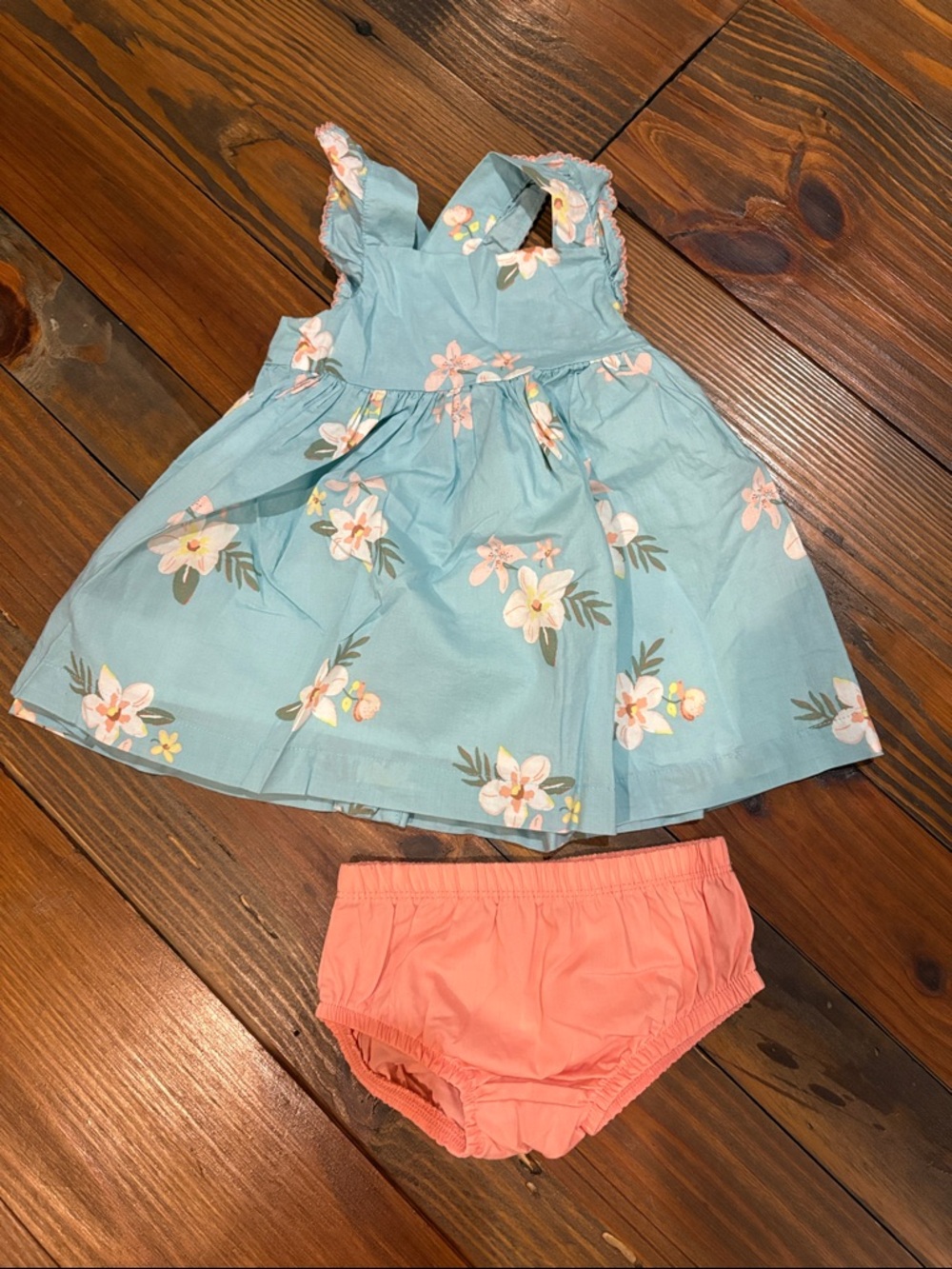Blue Floral Dress & Pink Bloomers Baby Matching Set
